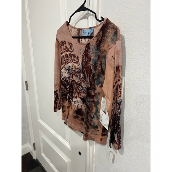 Jane Ashley Wild Horses Old West 3/4 Sleeve Graphic Top Size S Western NWT - Picture 3 of 10